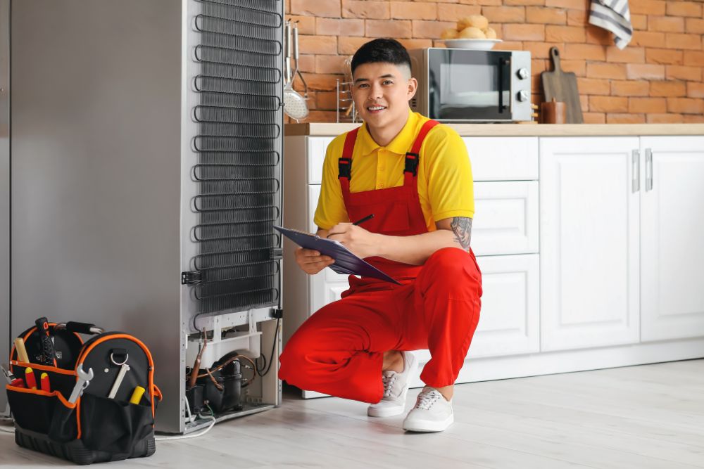 A man in red overalls is seated on the floor next to an appliance, illustrating kitchen repair services in Springfield, IL.